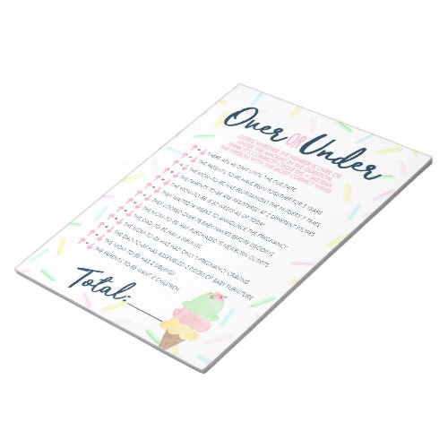 Ice Cream Over or Under Shower Game Pack Notepad