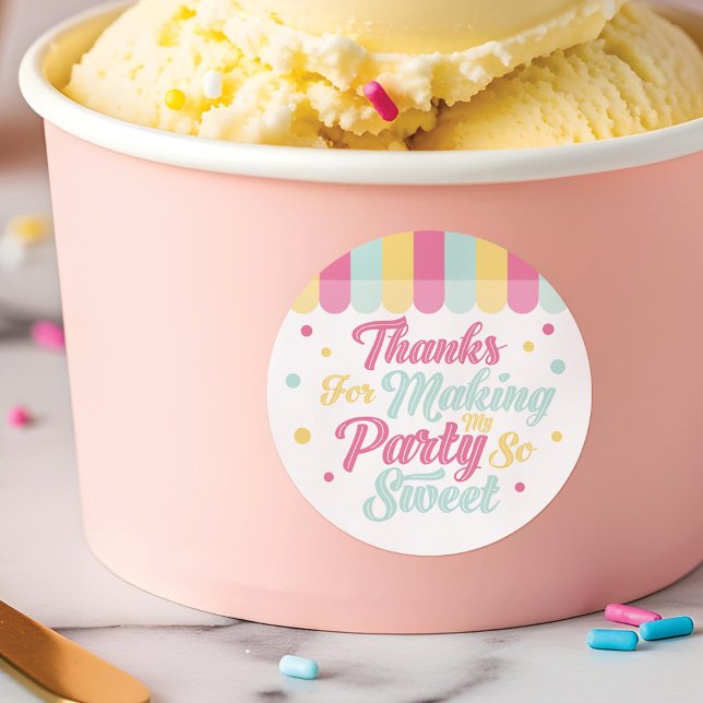 Ice Cream Parlor Awning Thank You Birthday Party Classic Round Sticker (Ice Cream Parlor Awning Thank You Birthday Party Classic Round Sticker)