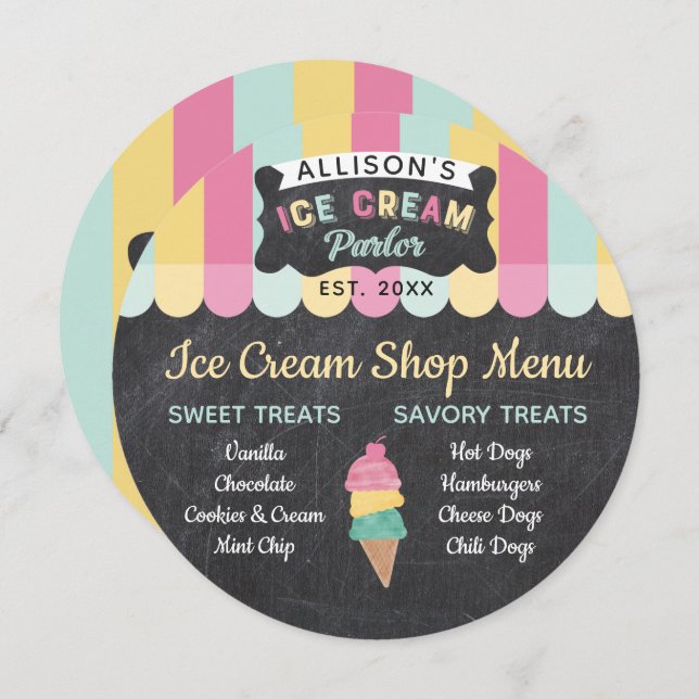 Ice Cream Parlor Fun Kids Birthday Party Menu Card (Front/Back)