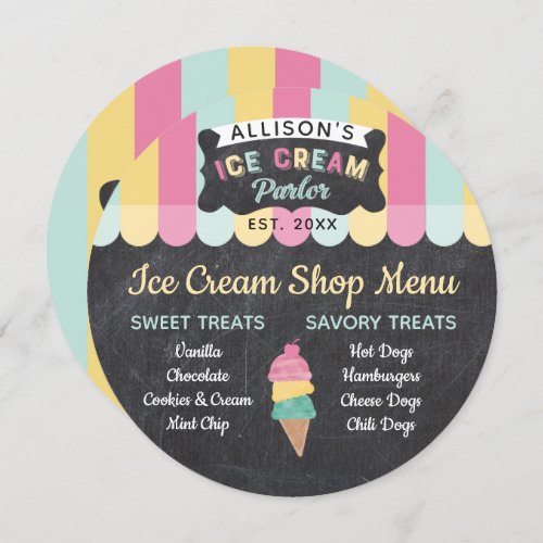 Ice Cream Parlor Fun Kids Birthday Party Menu Card