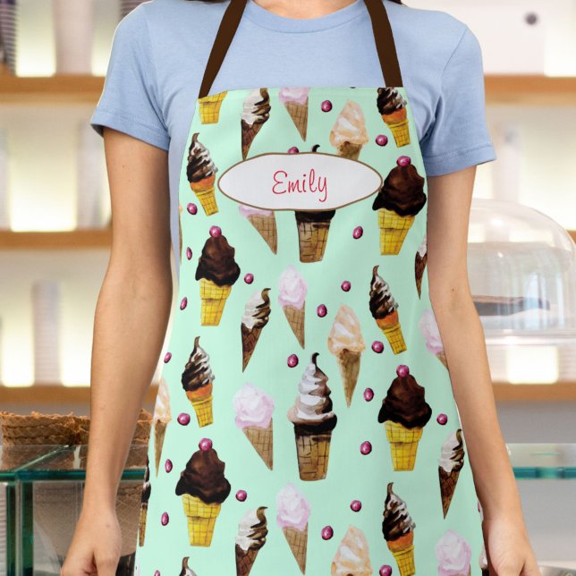 Ice Cream Parlor Mint Green Personalized Apron (This retro mint green ice cream apron features my own watercolor art of chocolate and vanilla cones.)
