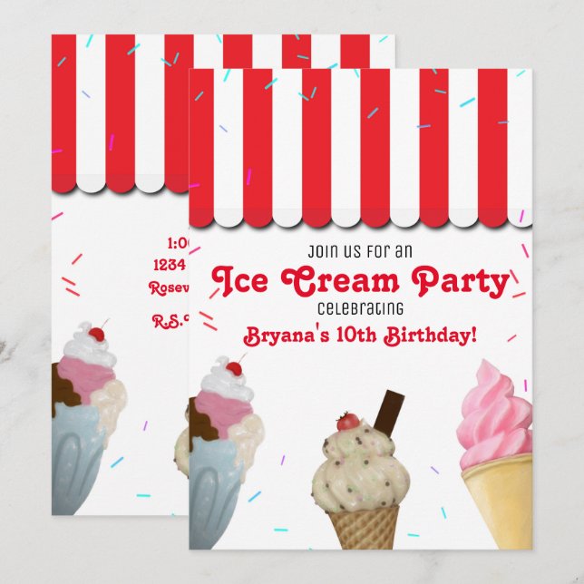 Ice Cream Parlor Party Birthday Celebration Red Invitation (Front/Back)