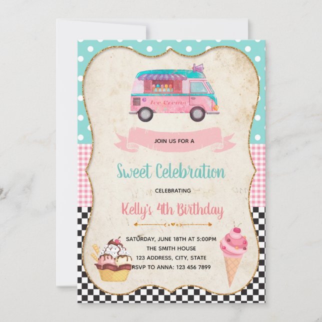 Ice Cream party birthday invitation (Front)