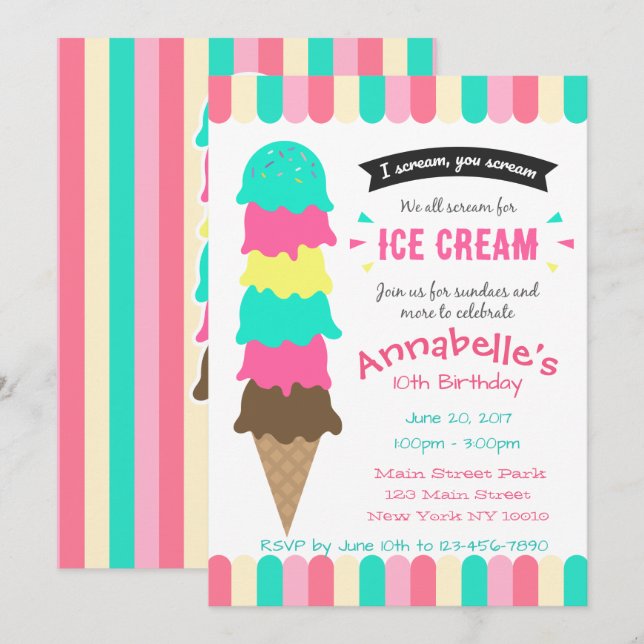 Ice Cream party Birthday Invitation (Front/Back)