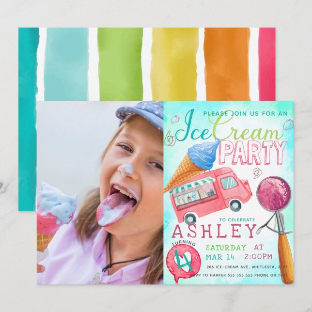 Ice Cream Party Birthday Photo Invitation (Front/Back)