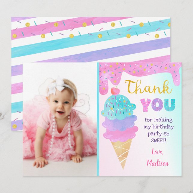 Ice Cream Party Birthday Thank You Cards  (Front/Back)