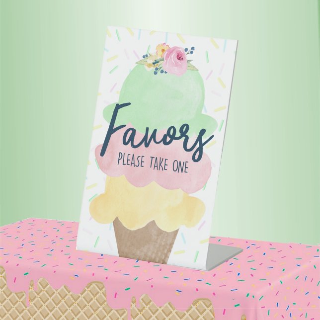 Ice Cream Party Favor Pedestal Sign (Watercolor Ice Cream Bridal Shower Pedestal Party Favor  Table Sign)