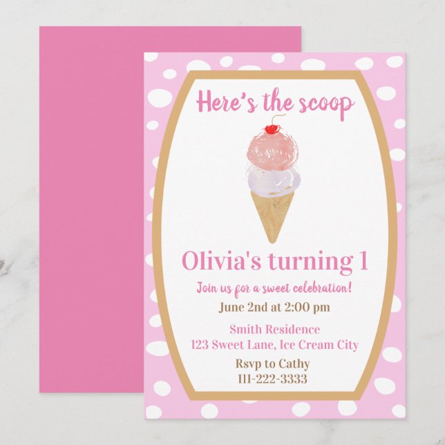 Ice Cream Party First Birthday Invitation in Pink (Front/Back)