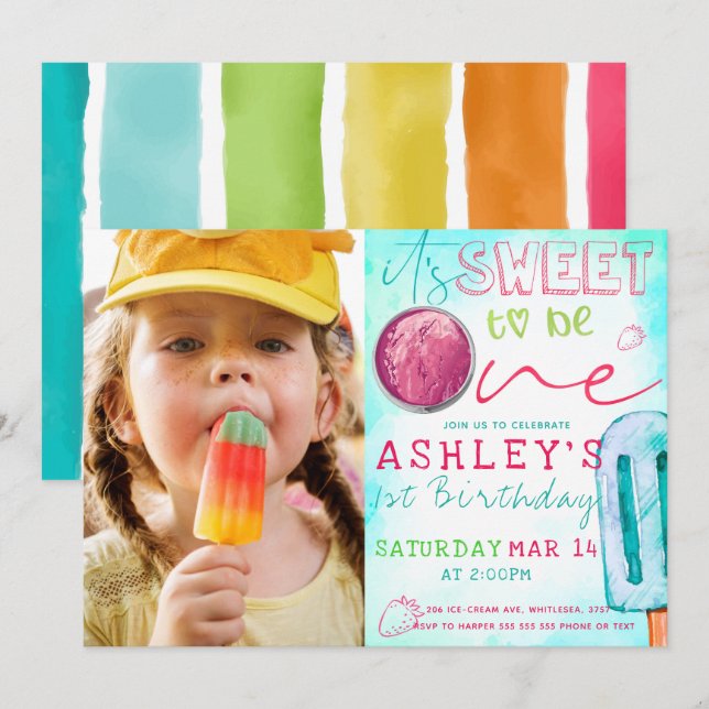 Ice Cream Party First Birthday Photo Invitation (Front/Back)