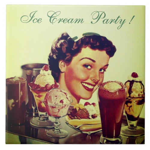 ICE CREAM PARTY Girl with Tray of Ice Creams Ceramic Tile