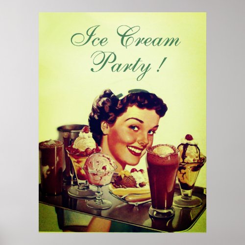 ICE CREAM PARTY Girl with Tray of Ice Creams Poster