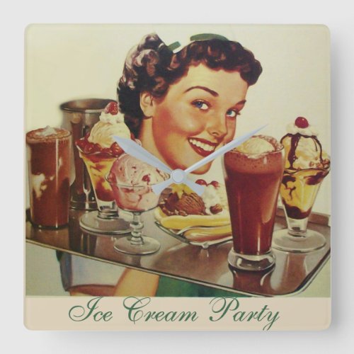 ICE CREAM PARTY Girl with Tray of Ice Creams Square Wall Clock