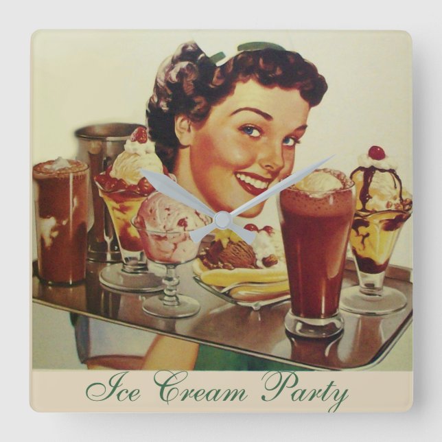 ICE CREAM PARTY Girl with Tray of Ice Creams Square Wall Clock (Front)