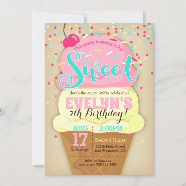 Ice Cream Party Invitation - Girl Birthday Invite (Front)