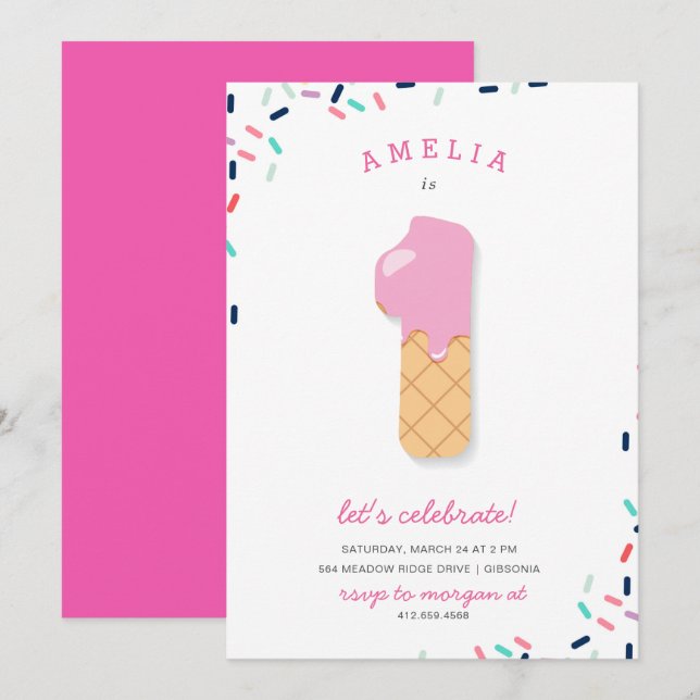 Ice Cream Party Kids Pink Birthday Invitation (Front/Back)