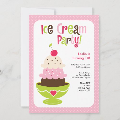 Ice Cream Party _ Pink Green and Brown Invitation
