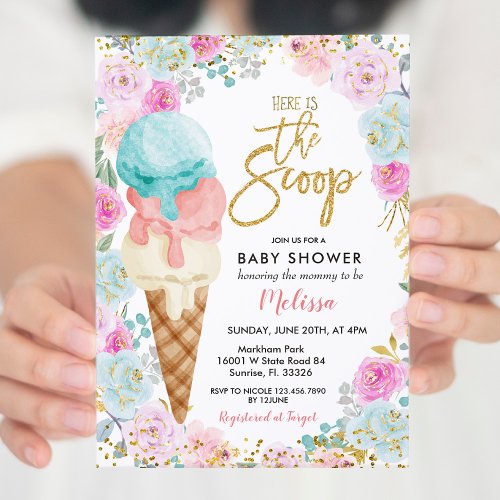 Ice Cream Pastel Flowers Baby Shower  Invitation