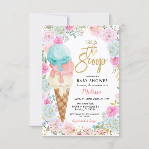 Ice Cream Pastel Flowers Baby Shower  Invitation