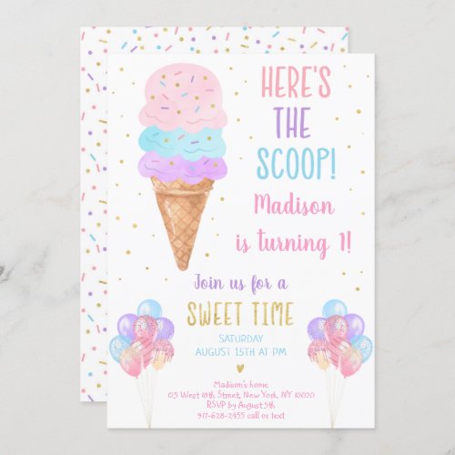 Ice Cream Pastel Heres The Scoop Birthday Invitation