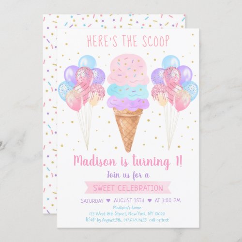 Ice Cream Pastel Heres The Scoop Birthday Invitation