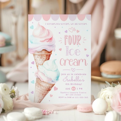 Ice cream pastel pink 4th Birthday  Invitation