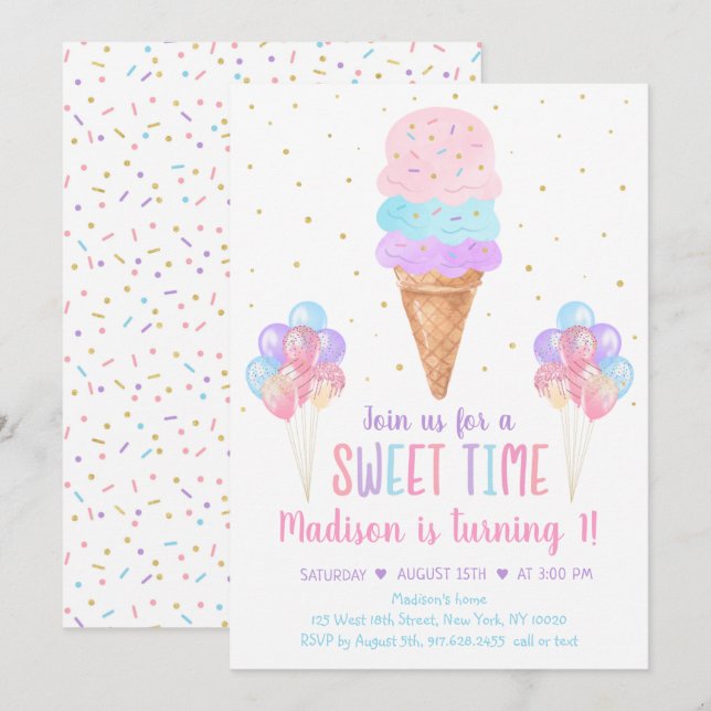 Ice Cream Pastel Rainbow Birthday Invitation (Front/Back)