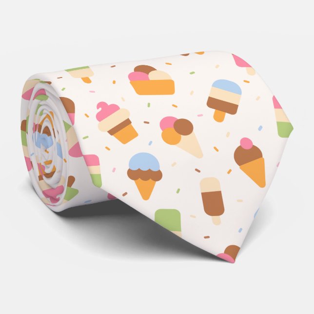 Ice Cream Pattern, Ice Cream Cone, Ice Popsicle Neck Tie (Rolled)