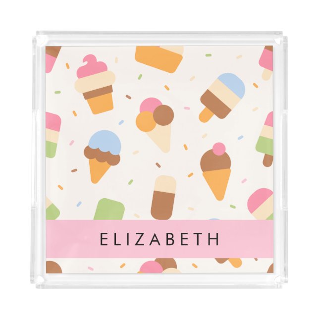 Ice Cream Pattern, Ice Cream Cone, Your Name Acrylic Tray (Front)