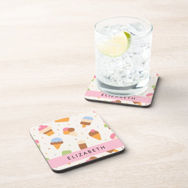 Ice Cream Pattern, Ice Cream Cone, Your Name Beverage Coaster (Right Side)