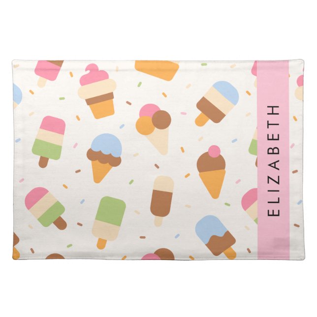 Ice Cream Pattern, Ice Cream Cone, Your Name Cloth Placemat (Front)