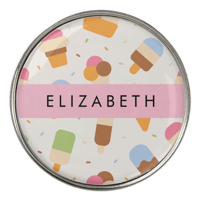 Ice Cream Pattern, Ice Cream Cone, Your Name Golf Ball Marker (Front)