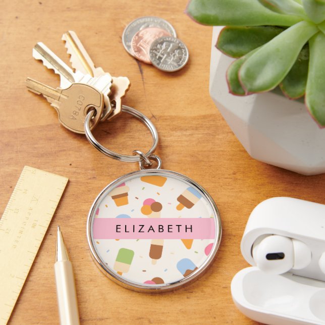 Ice Cream Pattern, Ice Cream Cone, Your Name Keychain (Desk)