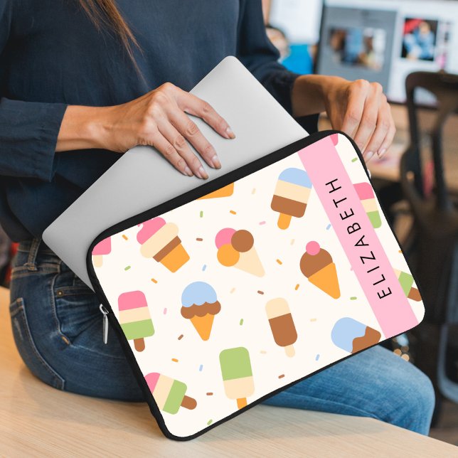 Ice Cream Pattern, Ice Cream Cone, Your Name Laptop Sleeve (Creator Uploaded)