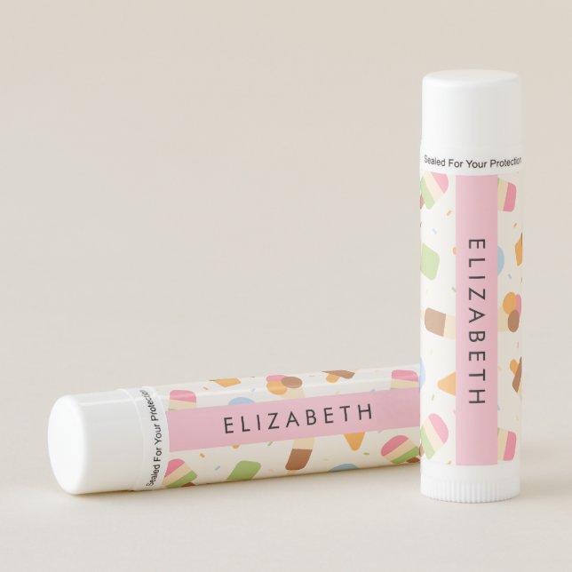 Ice Cream Pattern, Ice Cream Cone, Your Name Lip Balm (Front)