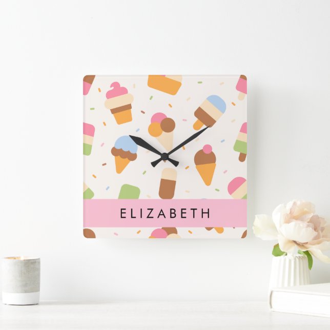 Ice Cream Pattern, Ice Cream Cone, Your Name Square Wall Clock (Home)