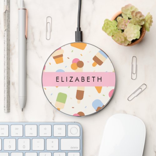 Ice Cream Pattern Ice Cream Cone Your Name Wireless Charger