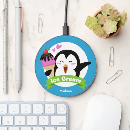 Ice Cream Penguin custom name  color Wireless Charger