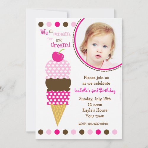 Ice Cream Photo Birthday Party Invitaitons Personalized Invite