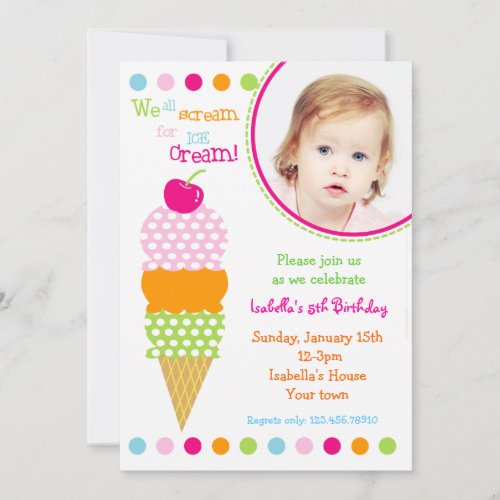 Ice Cream Photo Birthday Party Invitations