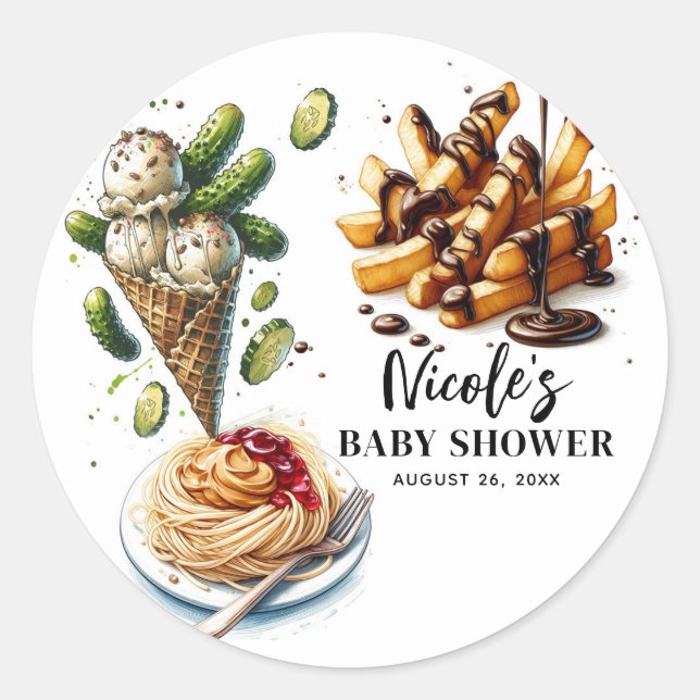 Ice Cream & Pickles Weird Cravings Baby Shower Classic Round Sticker (Front)