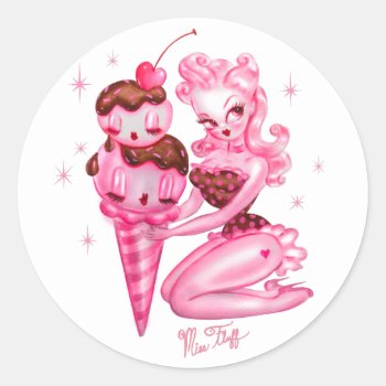 Ice Cream Pin Up Doll -cherry Chocolate Sauce Classic Round Sticker by FluffShop at Zazzle