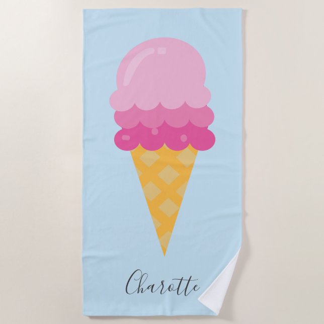 Ice cream pink blue monogram script beach towel (Front)