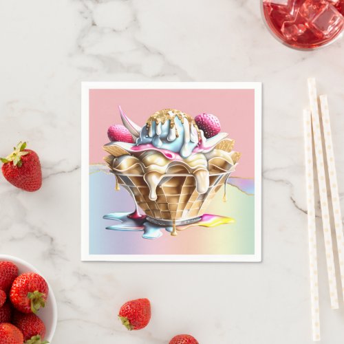 Ice cream pink blue sundae waffle cone dessert napkins