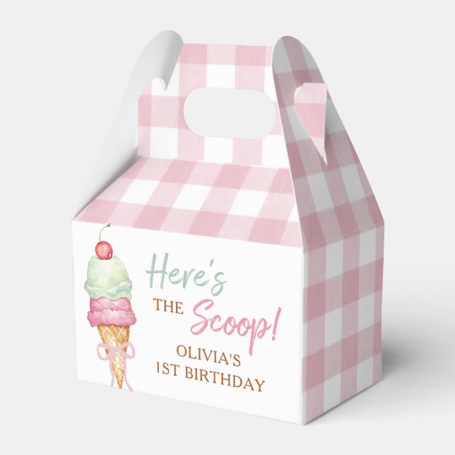 Ice Cream Pink Bow Gingham Birthday Party Favor Boxes (Front Side)