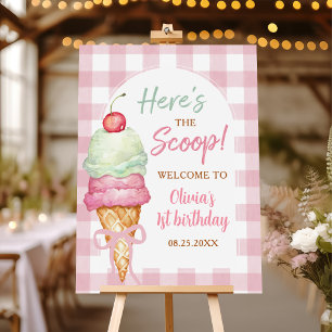 Ice Cream Pink Bow Gingham Birthday Party Foam Board