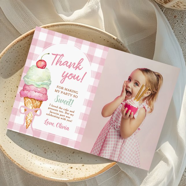 Ice Cream Pink Bow Gingham Birthday Party Photo Thank You Card (Creator Uploaded)