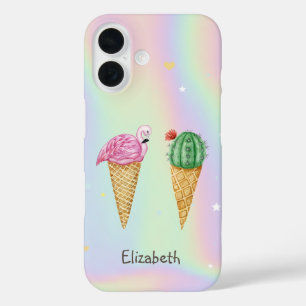 Ice cream Pink Flamingos Cactus Holographic iPhone 16 Case