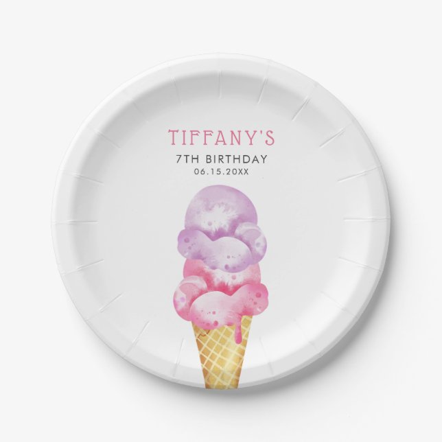 Ice Cream Pink Girls Birthday Party Paper Plates (Front)