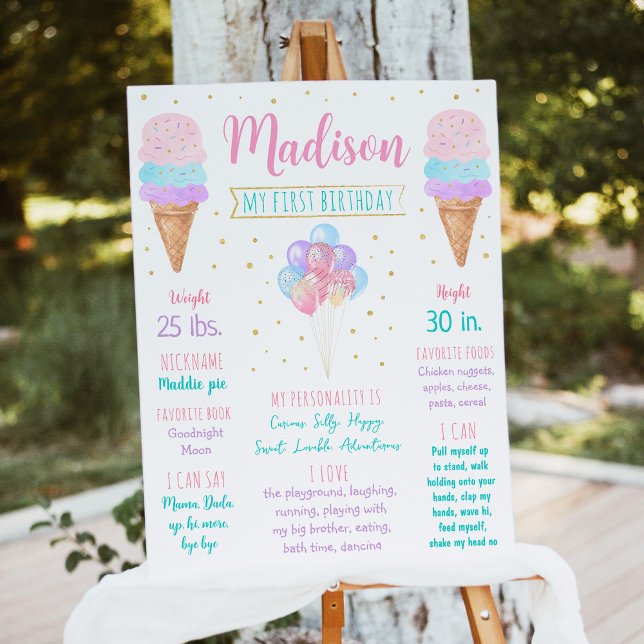 Ice Cream Pink Gold First Birthday Milestone Foam Board (Creator Uploaded)