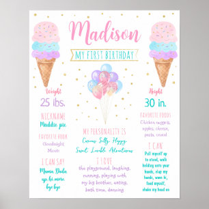 Ice Cream Pink Gold First Birthday Milestone Poster